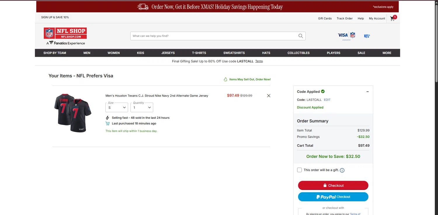 Houston Texans promo code screenshot showing code LASTCALL applied at Houston Texans checkout page. Uploaded by SimplyCodes community member WonderVirtuoso3484 on Dec 19, 2025