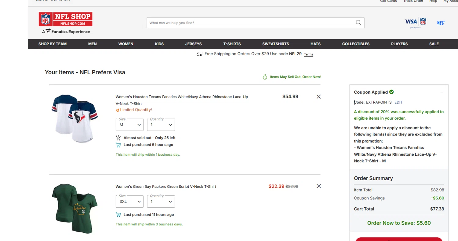 Houston Texans promo code screenshot showing code EXTRAPOINTS applied at Houston Texans checkout page. Uploaded by SimplyCodes community member Aressss on Sep 19, 2025