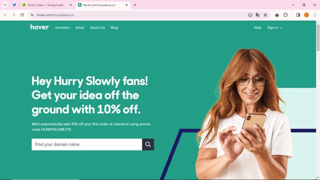 Hover checkout page showing Hover promo code box | Screenshot taken by SimplyCodes community member on Apr 8, 2024
