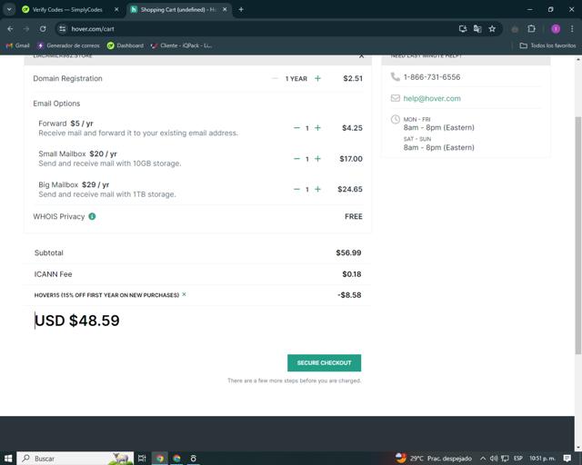 Hover checkout page showing Hover promo code box | Screenshot taken by SimplyCodes community member on Jul 25, 2024