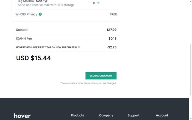 Hover checkout page showing Hover promo code box | Screenshot taken by SimplyCodes community member on Jun 7, 2024