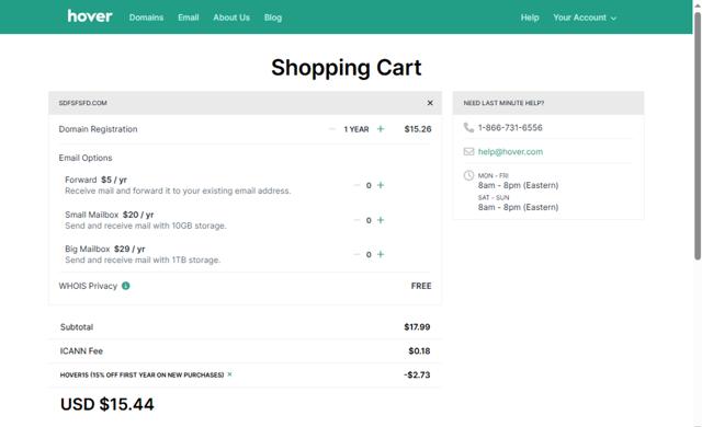 Hover checkout page showing Hover promo code box | Screenshot taken by SimplyCodes community member on Jul 3, 2024