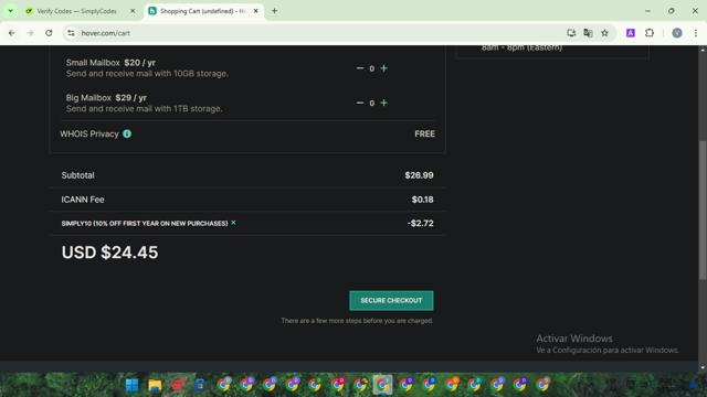 Hover checkout page showing Hover promo code box | Screenshot taken by SimplyCodes community member on Dec 5, 2024