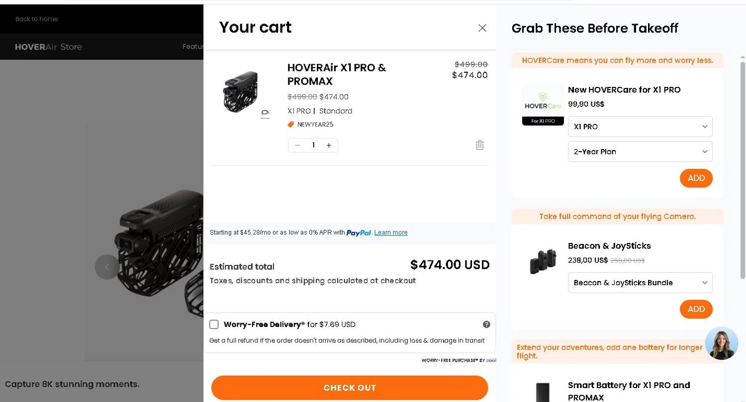 HOVERAir promo code screenshot showing code NEWYEAR25 applied at HOVERAir checkout page. Uploaded by SimplyCodes community member LAMINEJAMAL on Jan 10, 2026