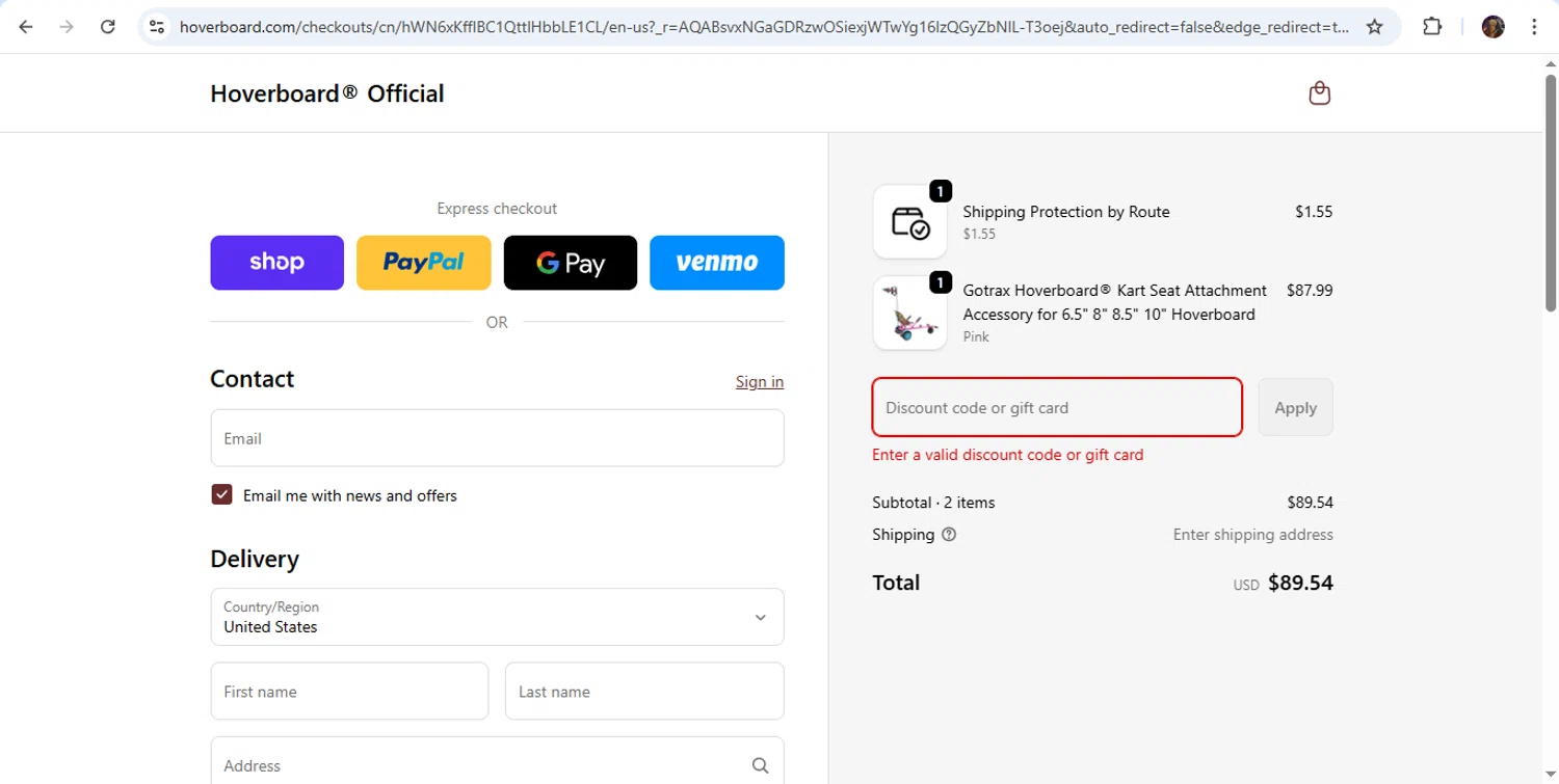 Hoverboard.com promo code screenshot showing code HOVER20 applied at Hoverboard.com checkout page. Uploaded by SimplyCodes community member RINITOSHI on Dec 28, 2025