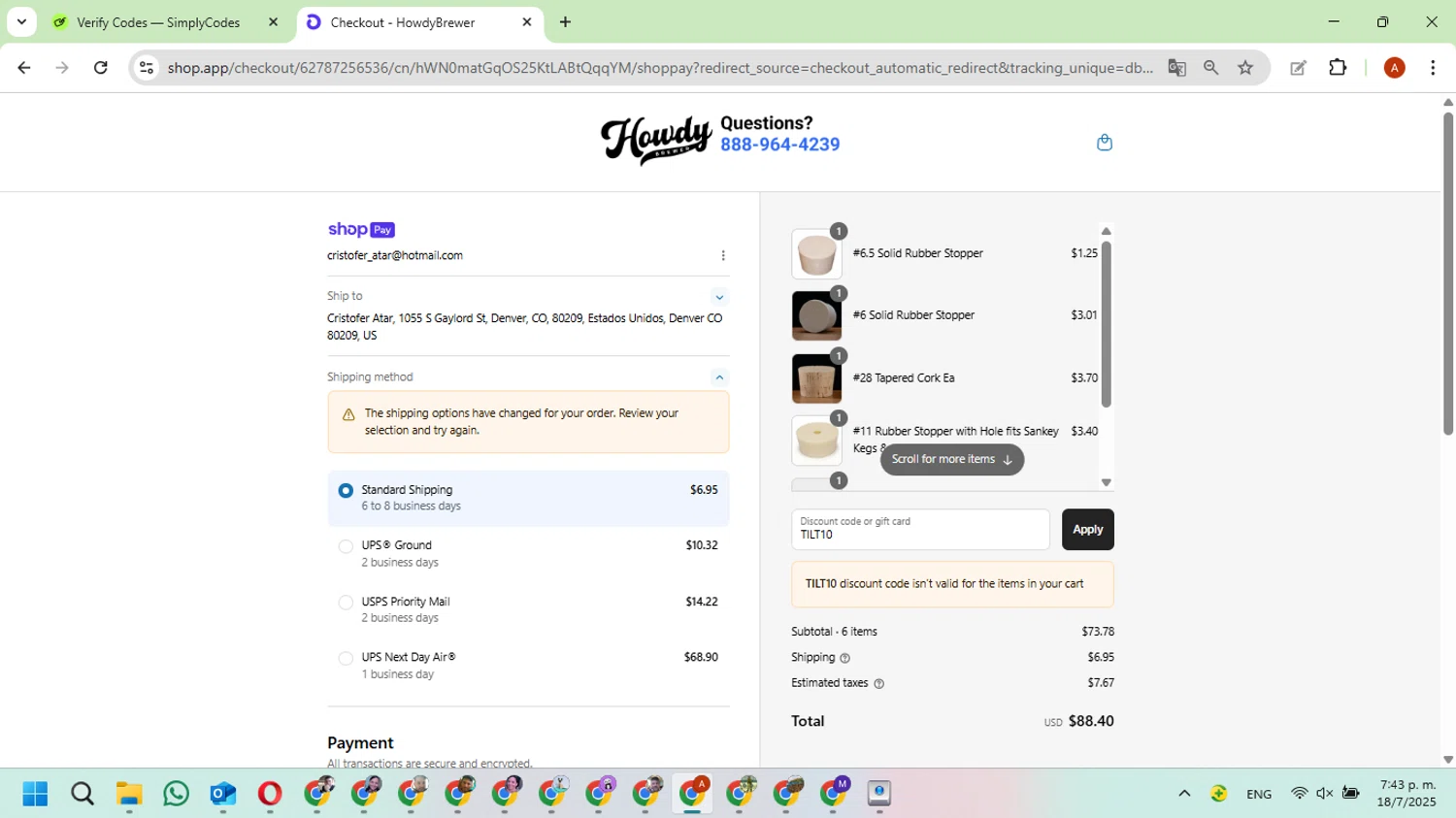 HowdyBrewer promo code screenshot showing code TILT10 applied at HowdyBrewer checkout page. Uploaded by SimplyCodes community member FundoKadmiel on Jul 18, 2025
