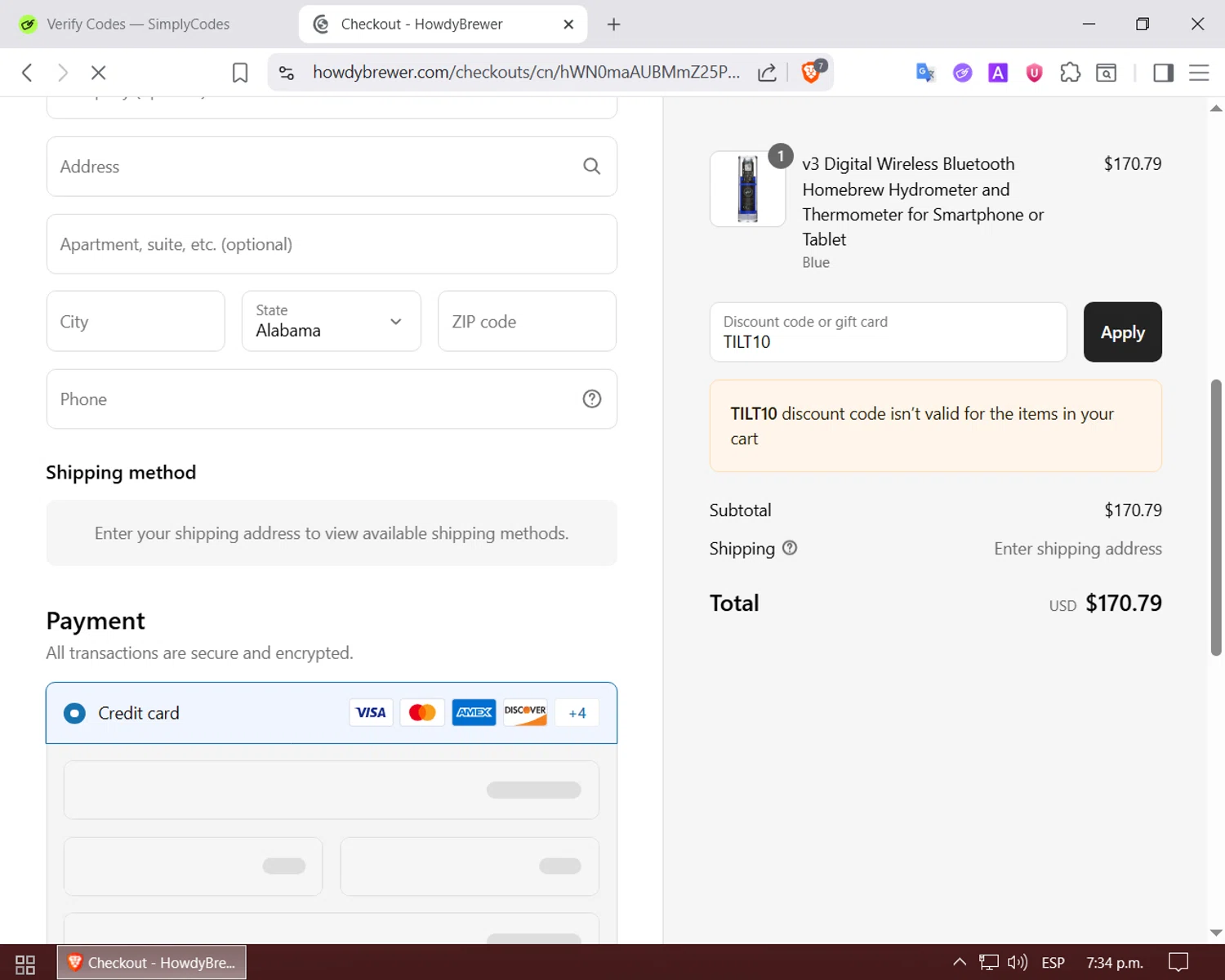 HowdyBrewer promo code screenshot showing code TILT10 applied at HowdyBrewer checkout page. Uploaded by SimplyCodes community member LuckyPilot205 on Jul 18, 2025