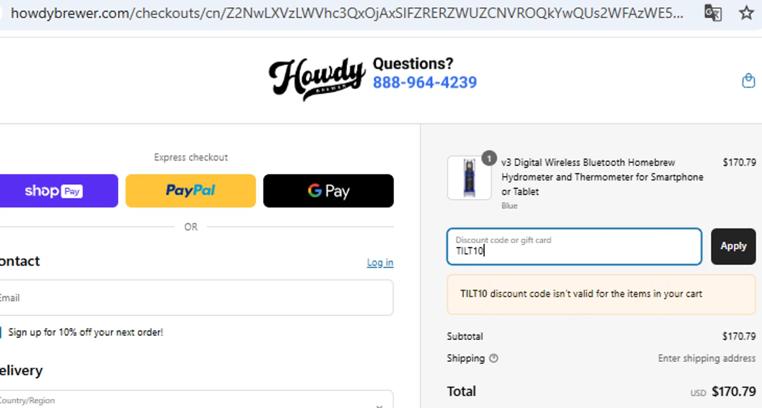 HowdyBrewer promo code screenshot showing code TILT10 applied at HowdyBrewer checkout page. Uploaded by SimplyCodes community member PennyOwl2559 on Apr 3, 2025