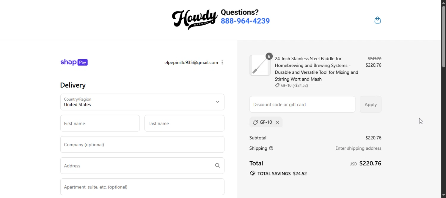 HowdyBrewer promo code screenshot showing code GF-10 applied at HowdyBrewer checkout page. Uploaded by SimplyCodes community member Enmanuel99 on Jul 23, 2025