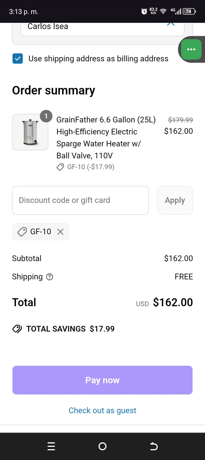 HowdyBrewer promo code screenshot showing code GF-10 applied at HowdyBrewer checkout page. Uploaded by SimplyCodes community member VillaloboY on Jun 15, 2025