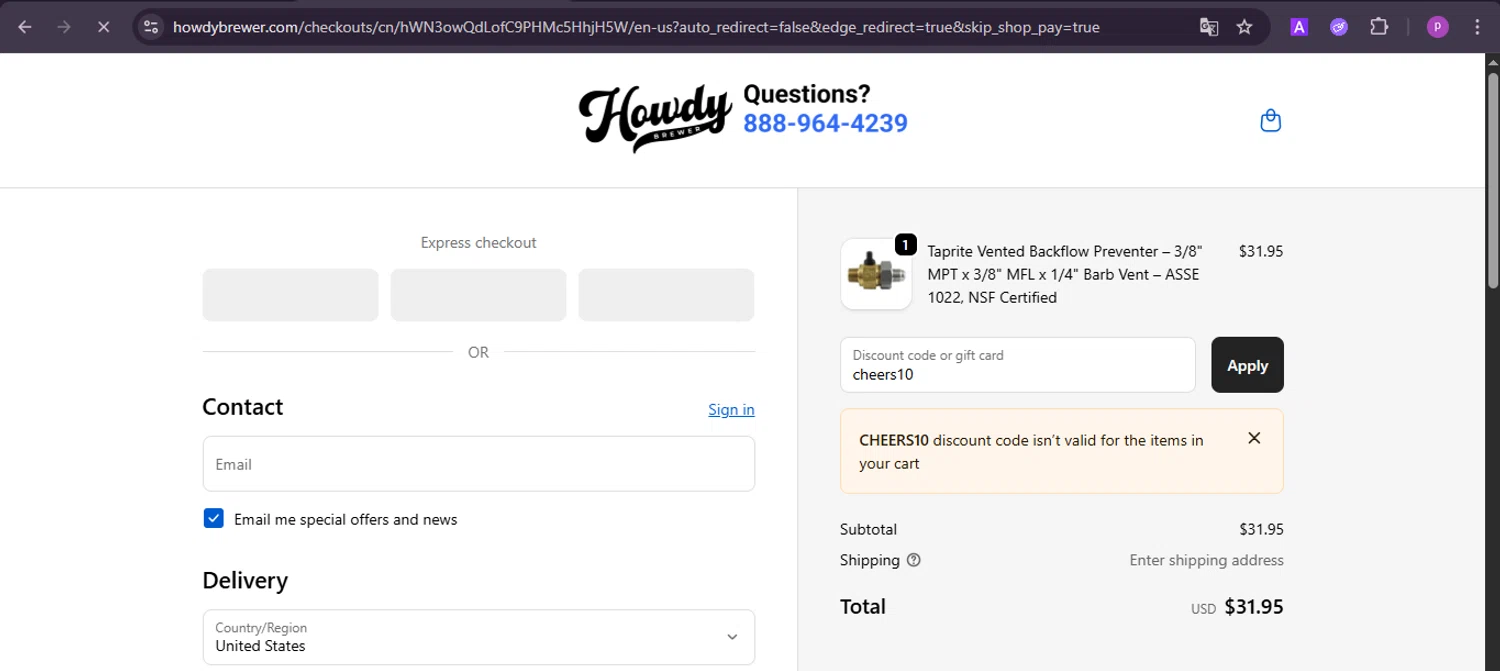 HowdyBrewer promo code screenshot showing code cheers10 applied at HowdyBrewer checkout page. Uploaded by SimplyCodes community member firoas on Oct 7, 2025