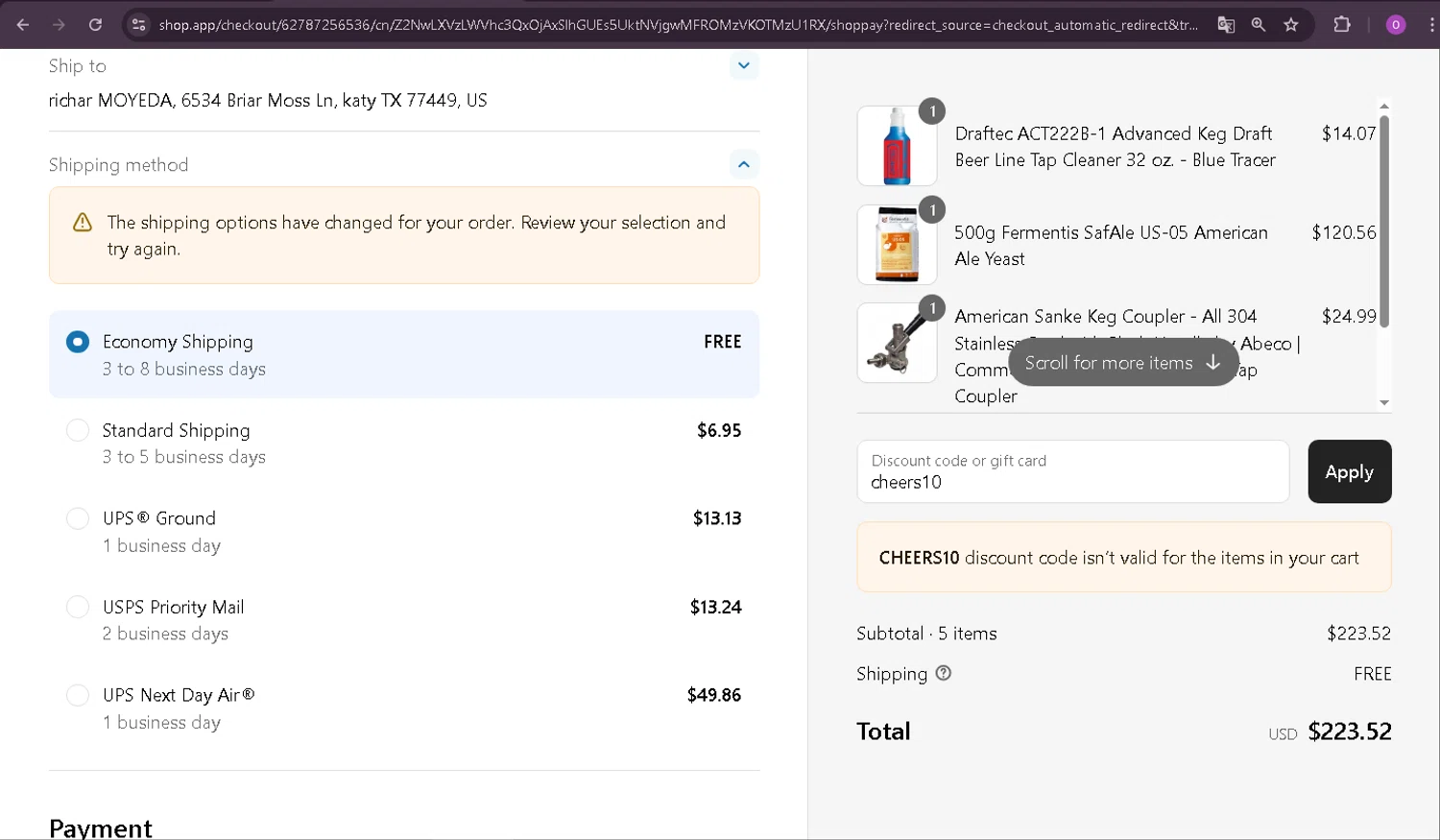 HowdyBrewer promo code screenshot showing code cheers10 applied at HowdyBrewer checkout page. Uploaded by SimplyCodes community member oder007 on Jun 11, 2025