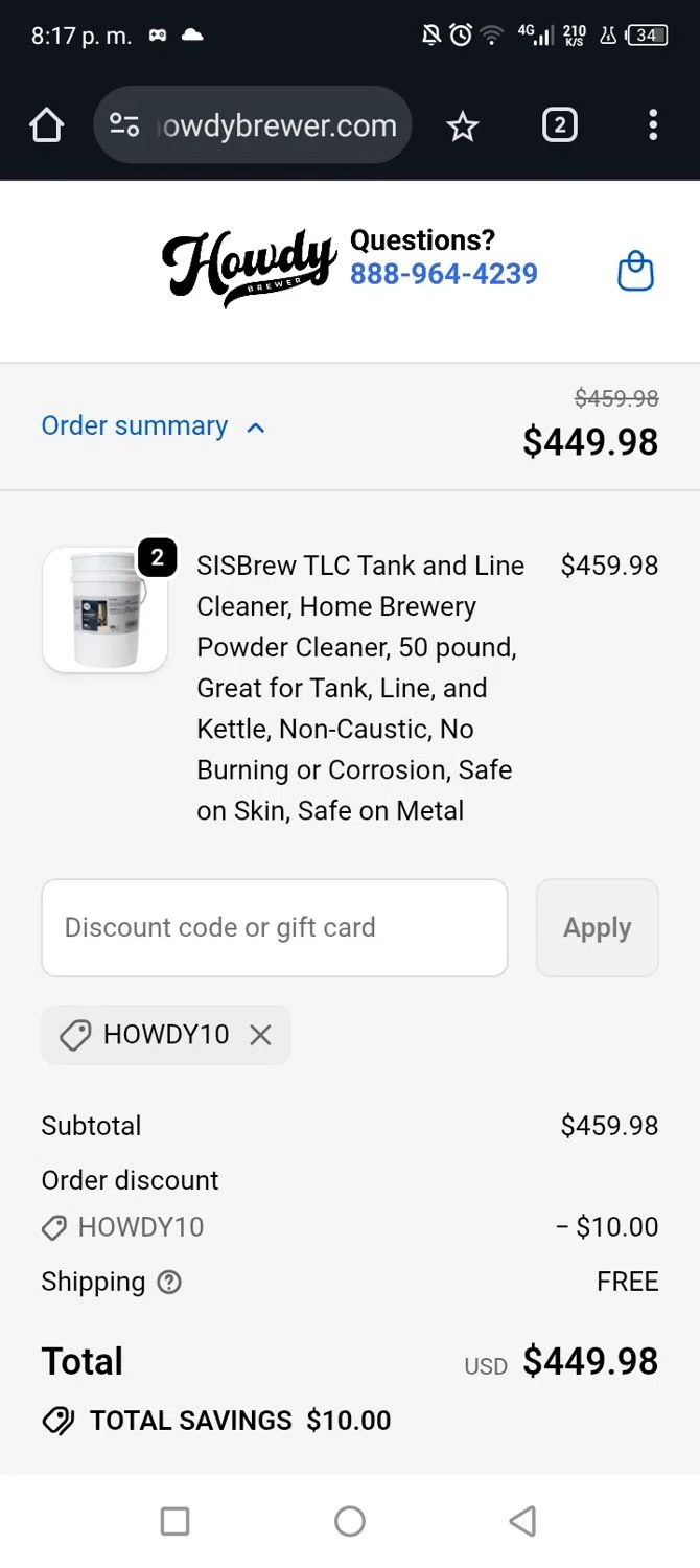 HowdyBrewer promo code screenshot showing code HOWDY10 applied at HowdyBrewer checkout page. Uploaded by SimplyCodes community member Junniorduno on Oct 7, 2025