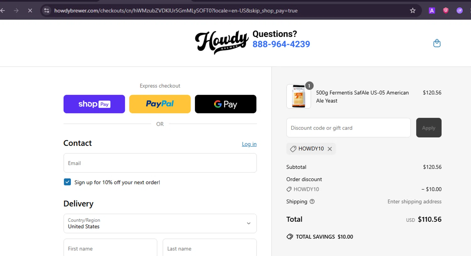 HowdyBrewer promo code screenshot showing code HOWDY10 applied at HowdyBrewer checkout page. Uploaded by SimplyCodes community member ValiantRanger5812 on Jun 26, 2025
