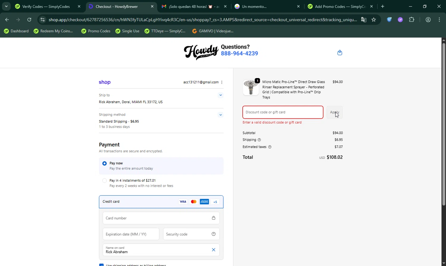 HowdyBrewer promo code screenshot showing code JEFF10 applied at HowdyBrewer checkout page. Uploaded by SimplyCodes community member LHaunter on Oct 3, 2025