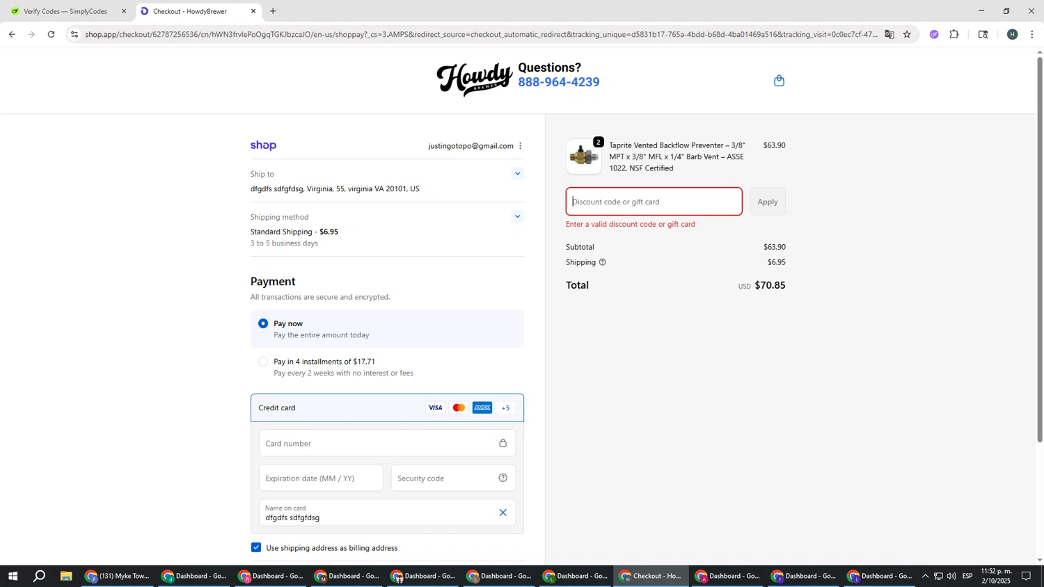 HowdyBrewer promo code screenshot showing code JEFF10 applied at HowdyBrewer checkout page. Uploaded by SimplyCodes community member YAMAHA on Oct 3, 2025