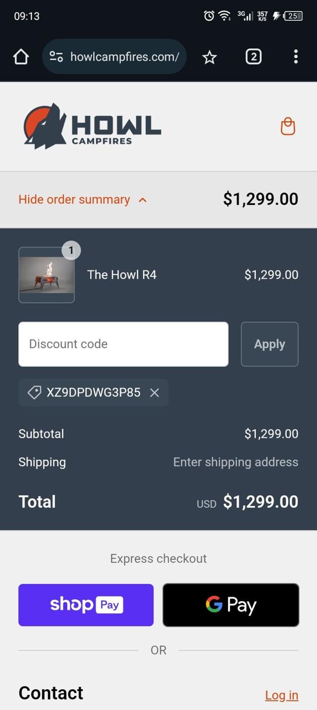 Howl Campfires checkout page showing Howl Campfires discount code box | Screenshot taken by SimplyCodes community member on Oct 12, 2024
