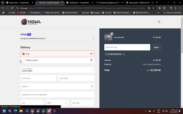 Howl Campfires checkout page showing Howl Campfires discount code box | Screenshot taken by SimplyCodes community member on Nov 10, 2024