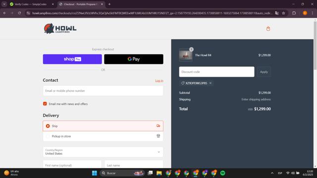 Howl Campfires checkout page showing Howl Campfires discount code box | Screenshot taken by SimplyCodes community member on Feb 6, 2025