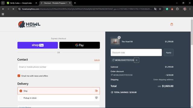 Howl Campfires checkout page showing Howl Campfires discount code box | Screenshot taken by SimplyCodes community member on Nov 26, 2024