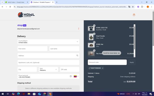Howl Campfires checkout page showing Howl Campfires discount code box | Screenshot taken by SimplyCodes community member on Jun 19, 2025