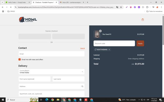 Howl Campfires checkout page showing Howl Campfires discount code box | Screenshot taken by SimplyCodes community member on Jun 17, 2025