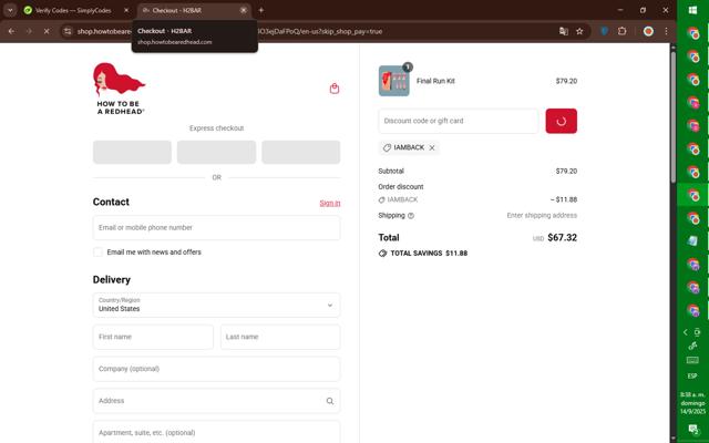 How To Be A Redhead checkout page showing How To Be A Redhead promo code box | Screenshot taken by SimplyCodes community member on Sep 14, 2025