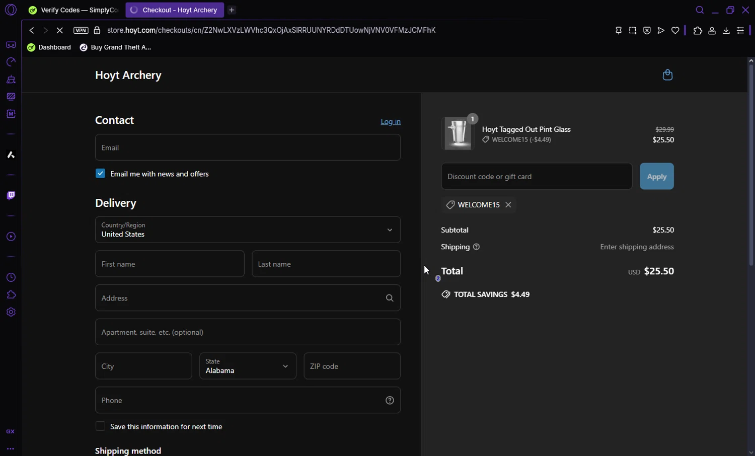 Hoyt discount code screenshot showing code WELCOME15 applied at Hoyt checkout page. Uploaded by SimplyCodes community member Darka007 on May 8, 2025