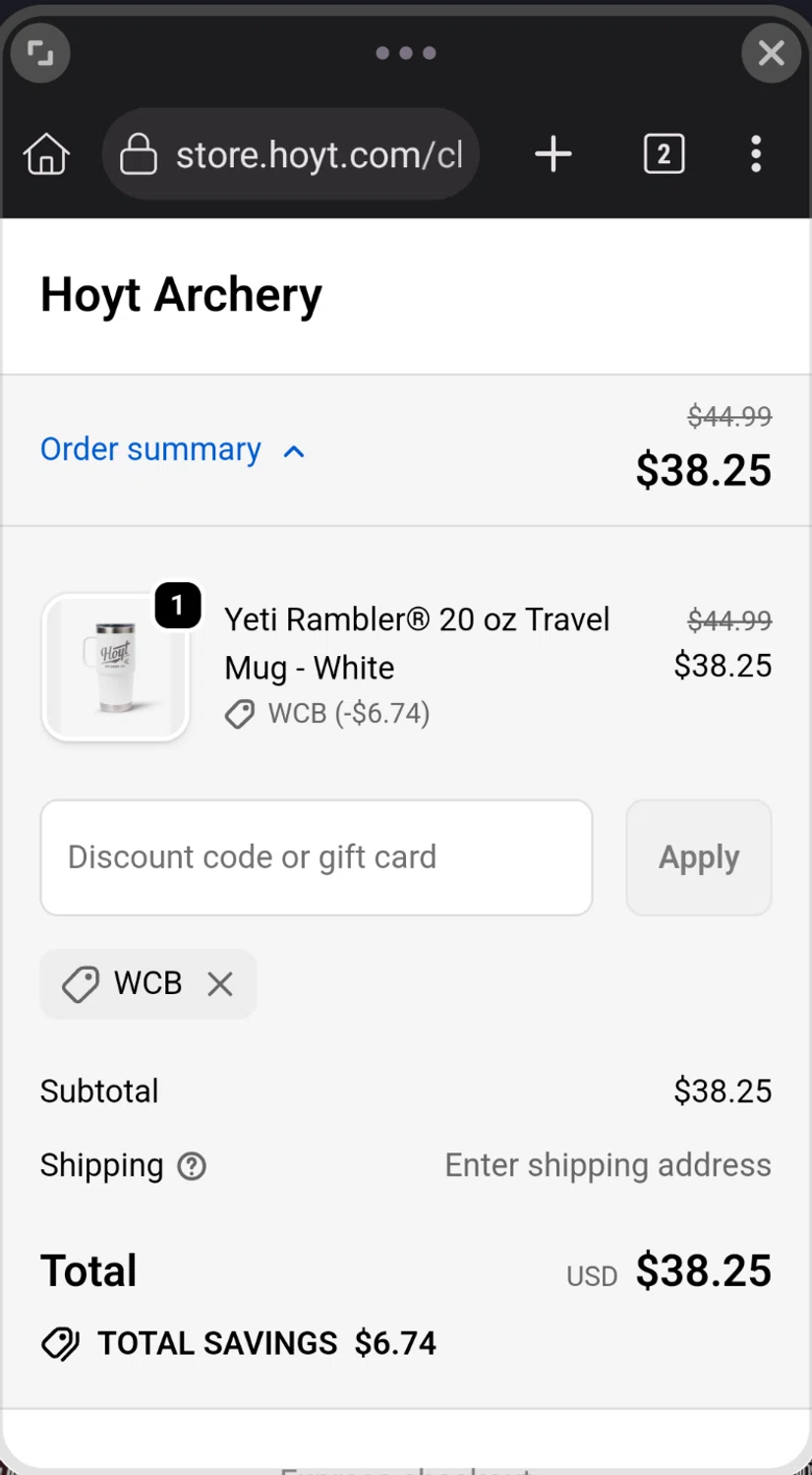 Hoyt discount code screenshot showing code WCB applied at Hoyt checkout page. Uploaded by SimplyCodes community member Thorfinn on Sep 27, 2025