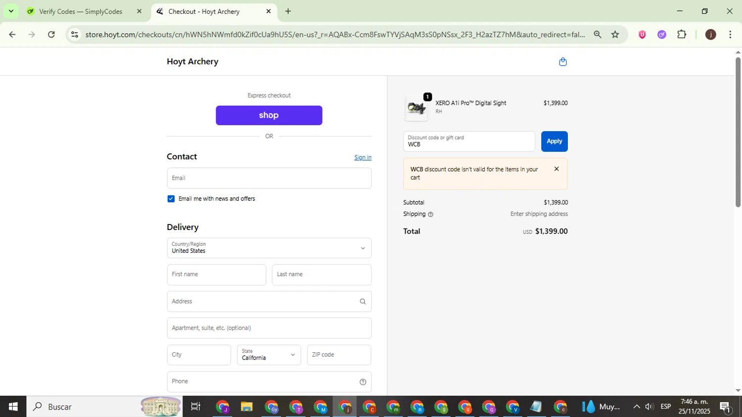 Hoyt discount code screenshot showing code WCB applied at Hoyt checkout page. Uploaded by SimplyCodes community member WonderEagle9833 on Nov 25, 2025