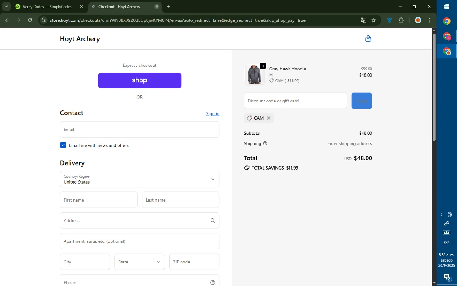 Hoyt discount code screenshot showing code CAM applied at Hoyt checkout page. Uploaded by SimplyCodes community member CashMaverick8128 on Sep 20, 2025