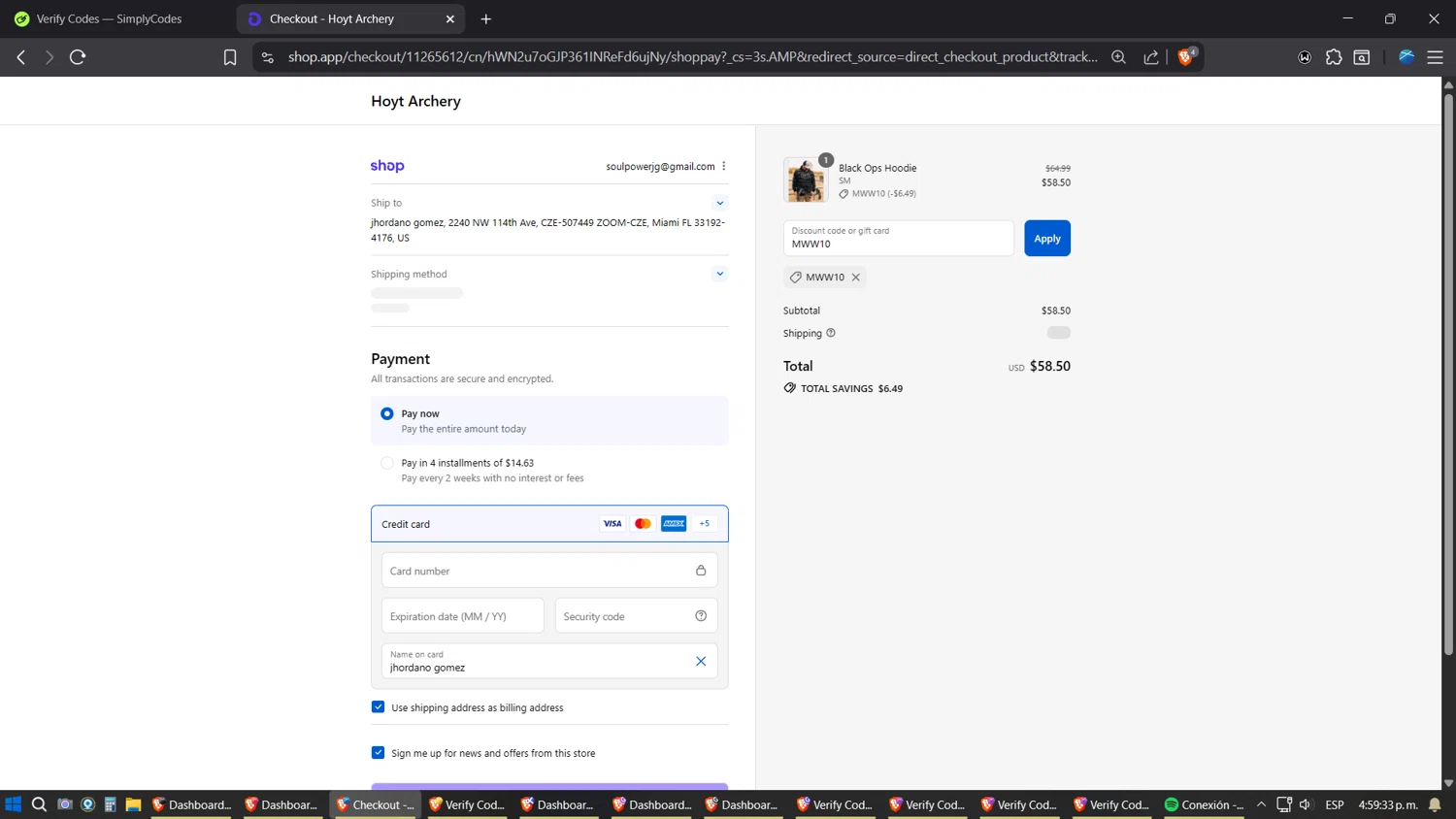 Hoyt discount code screenshot showing code MWW10 applied at Hoyt checkout page. Uploaded by SimplyCodes community member Jgomez on Sep 12, 2025