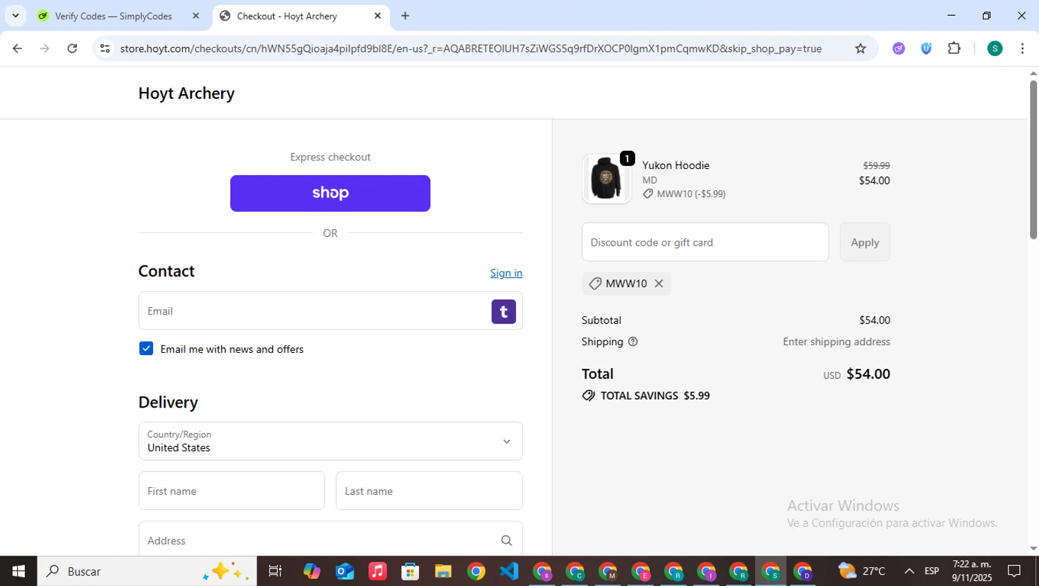 Hoyt discount code screenshot showing code MWW10 applied at Hoyt checkout page. Uploaded by SimplyCodes community member VictoriousPilot5281 on Nov 9, 2025
