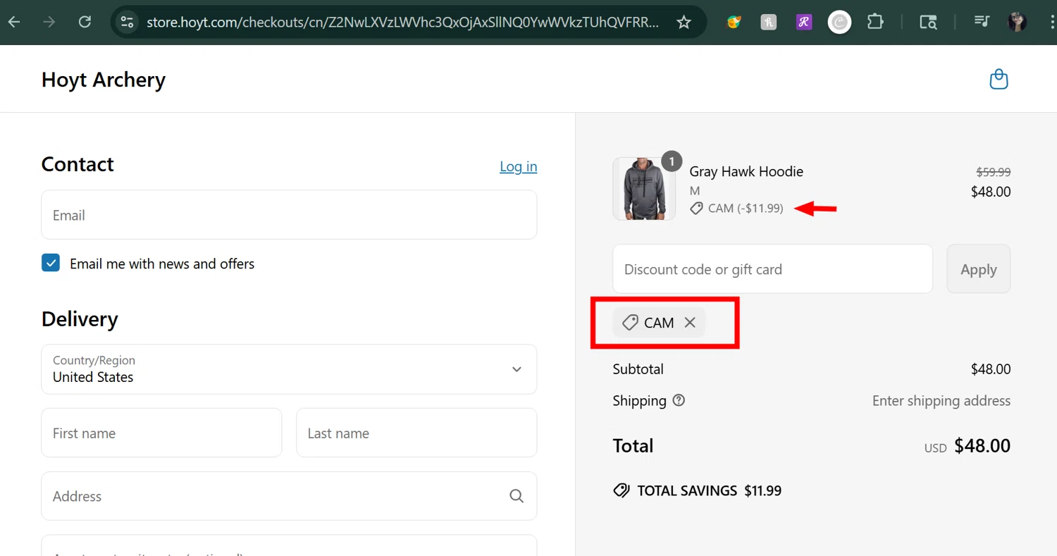 Hoyt discount code screenshot showing code CAM applied at Hoyt checkout page. Uploaded by SimplyCodes community member MarUmi on Jun 25, 2025