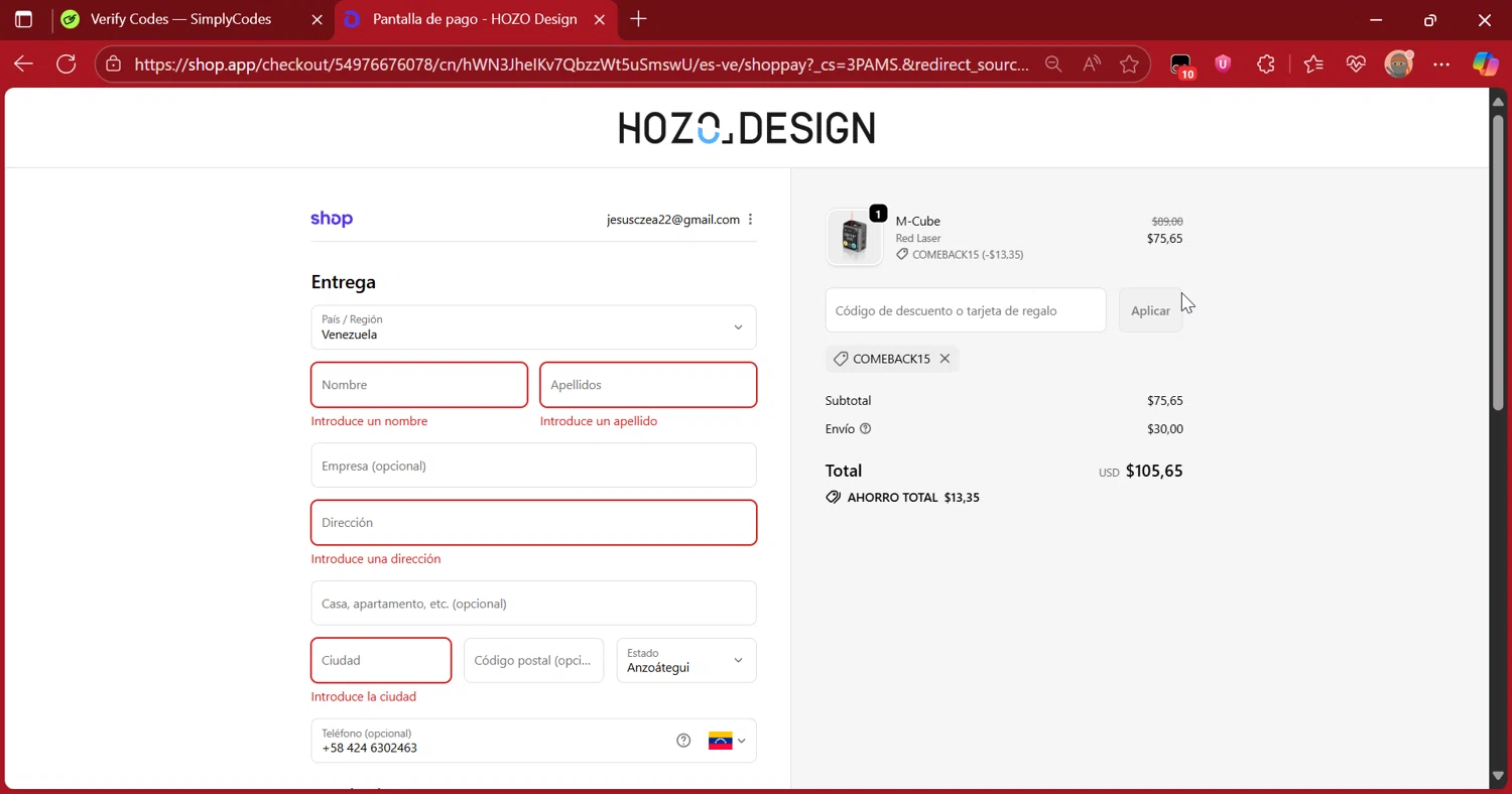 HOZO Design promo code screenshot showing code COMEBACK15 applied at HOZO Design checkout page. Uploaded by SimplyCodes community member DiscountScout1417 on Sep 23, 2025