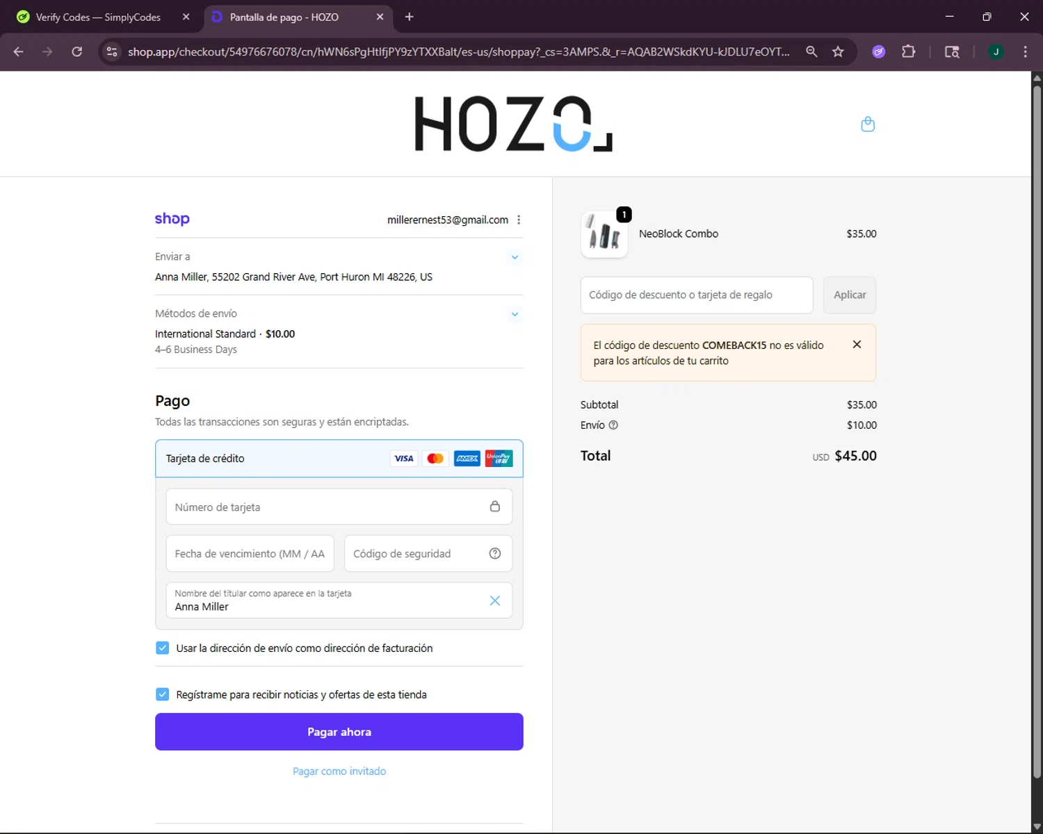 HOZO Design promo code screenshot showing code COMEBACK15 applied at HOZO Design checkout page. Uploaded by SimplyCodes community member VictoriousOwl2774 on Dec 26, 2025
