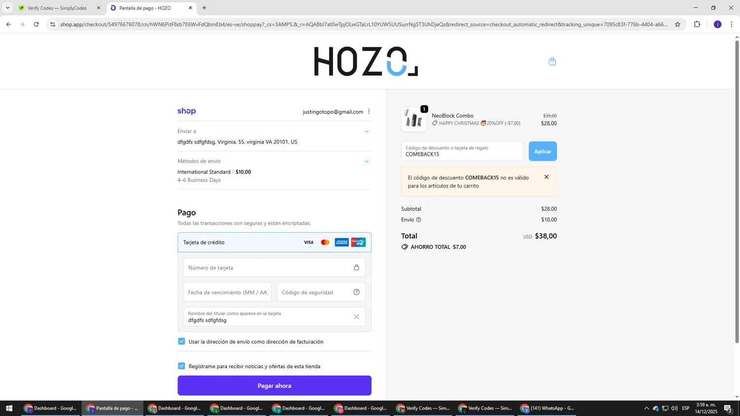 HOZO Design promo code screenshot showing code COMEBACK15 applied at HOZO Design checkout page. Uploaded by SimplyCodes community member simplycodesssss on Dec 14, 2025