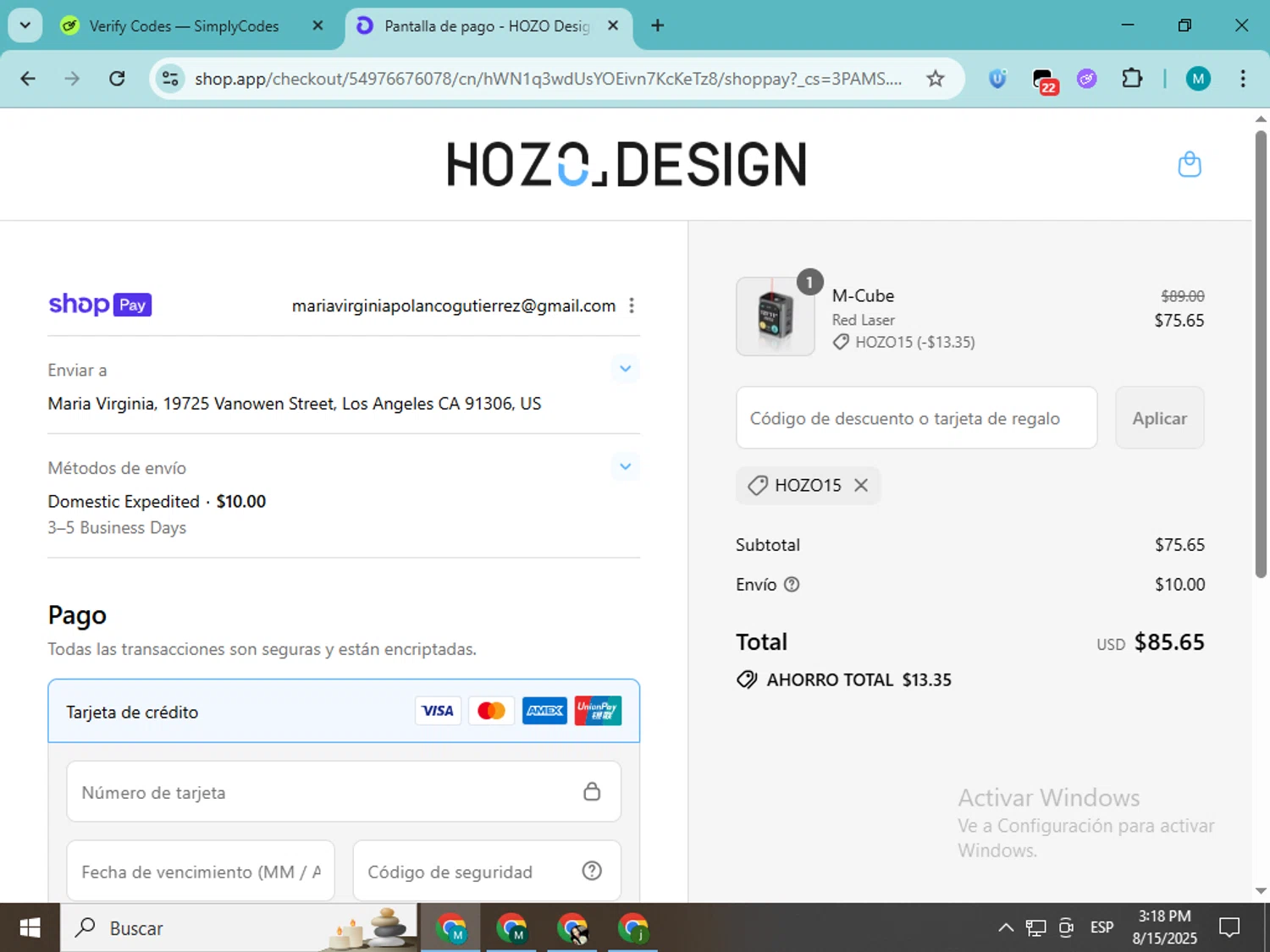 HOZO Design promo code screenshot showing code HOZO15 applied at HOZO Design checkout page. Uploaded by SimplyCodes community member estrellaveloz on Aug 15, 2025