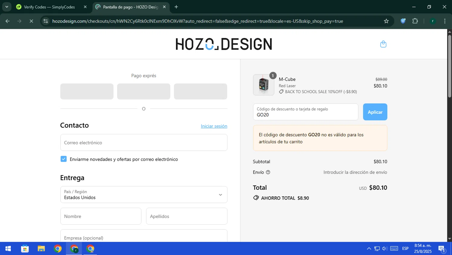 HOZO Design promo code screenshot showing code GO20 applied at HOZO Design checkout page. Uploaded by SimplyCodes community member rodri1 on Aug 25, 2025