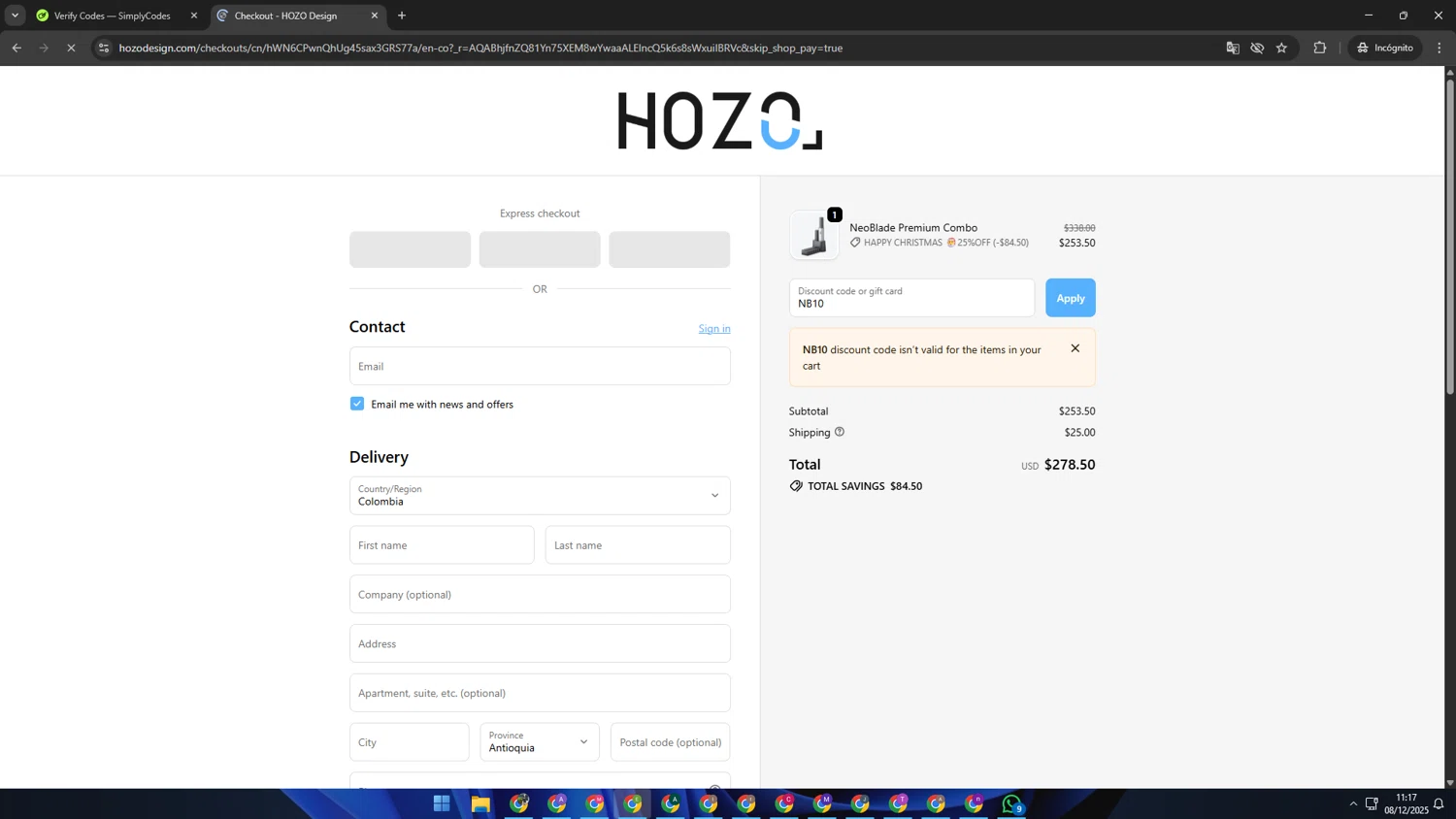 HOZO Design promo code screenshot showing code NB10 applied at HOZO Design checkout page. Uploaded by SimplyCodes community member SUZUKIV on Dec 8, 2025
