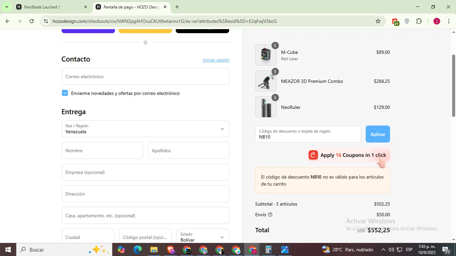 HOZO Design promo code screenshot showing code NB10 applied at HOZO Design checkout page. Uploaded by SimplyCodes community member MoneyScholar5687 on Sep 10, 2025