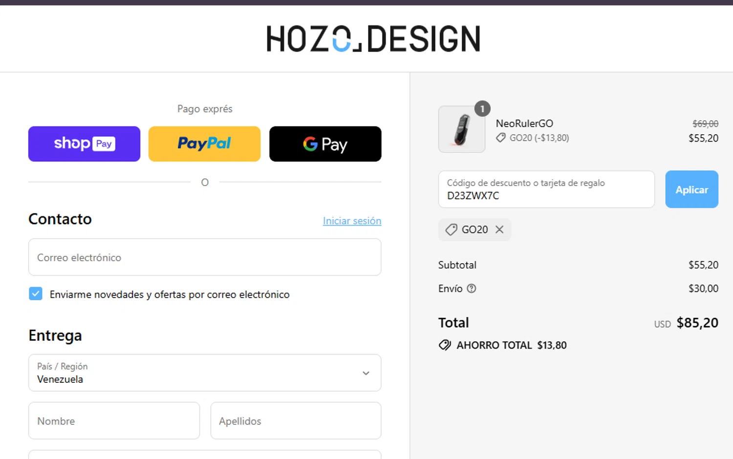HOZO Design promo code screenshot showing code GO20 applied at HOZO Design checkout page. Uploaded by SimplyCodes community member ashe1986 on Aug 25, 2025
