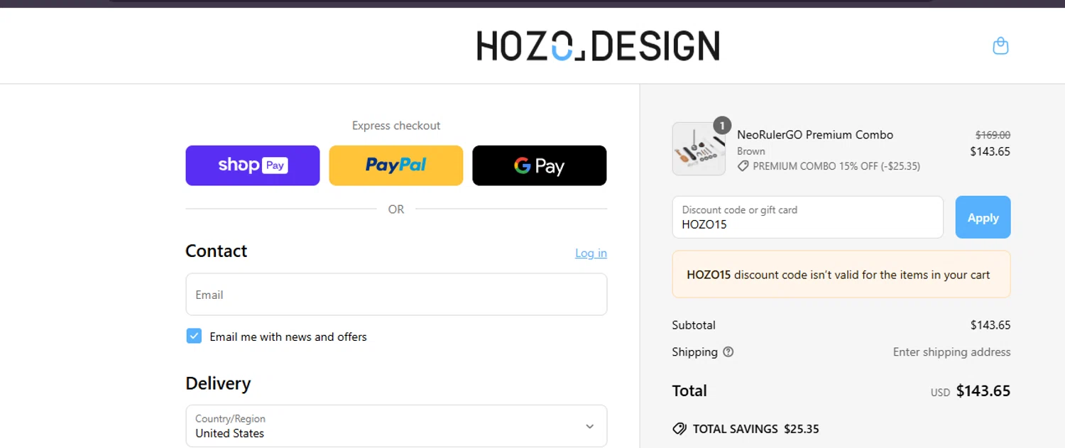 HOZO Design promo code screenshot showing code HOZO15 applied at HOZO Design checkout page. Uploaded by SimplyCodes community member ashe1986 on Jun 25, 2025