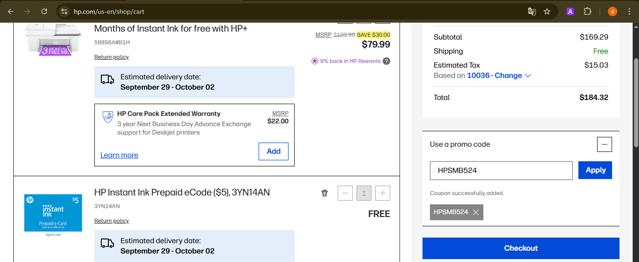 HP checkout page showing HP promo code box | Screenshot taken by SimplyCodes community member on Sep 24, 2025