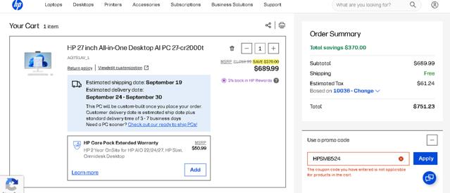 HP checkout page showing HP promo code box | Screenshot taken by SimplyCodes community member on Sep 7, 2025
