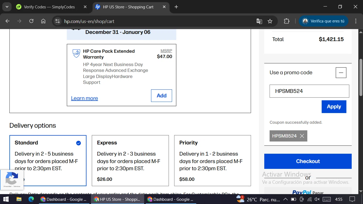 HP promo code screenshot showing code HPSMB524 applied at HP checkout page. Uploaded by SimplyCodes community member ariannycfh on Dec 29, 2025