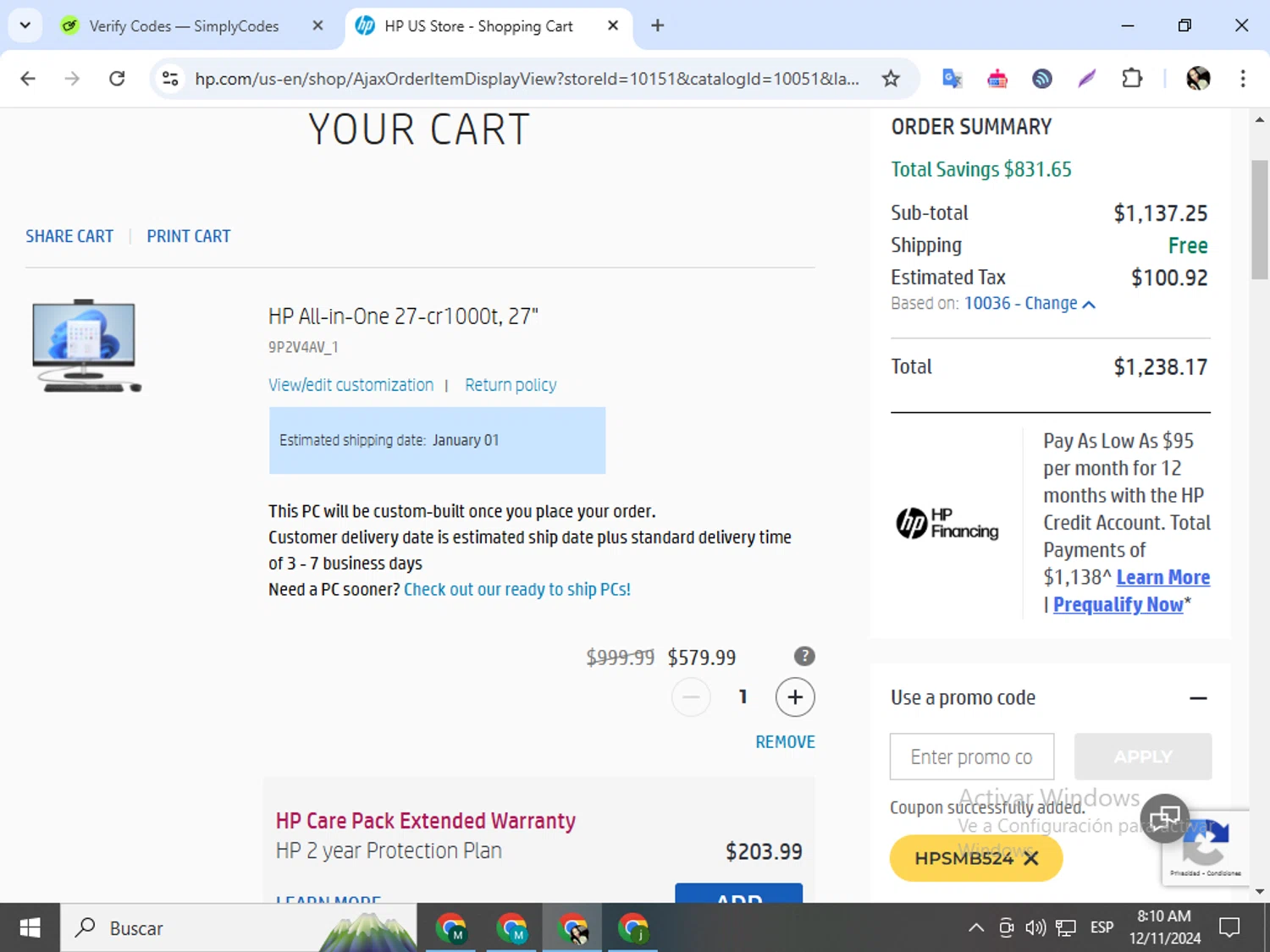where to use HP promo code box