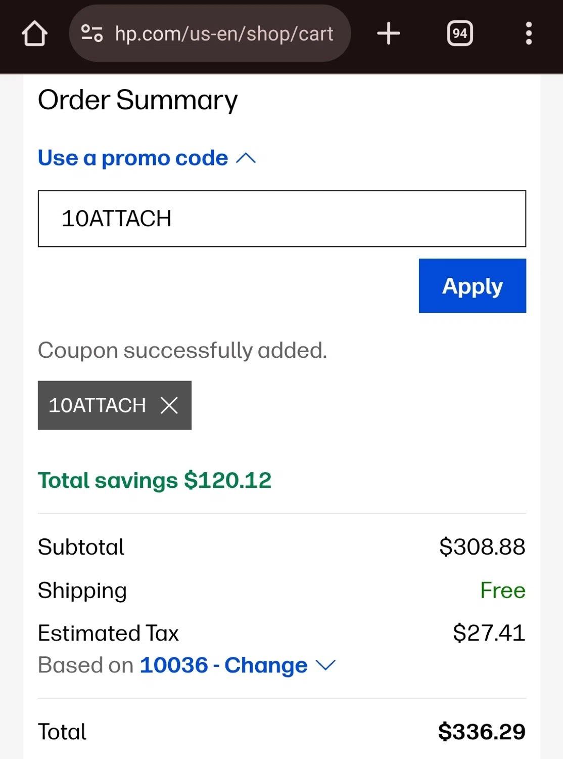 Verification screenshot for 10% Off Select Monitors at HP - 2d ago