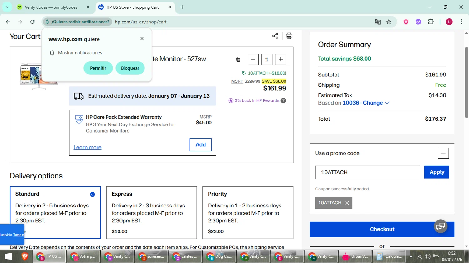 HP checkout page showing HP promo code box | Screenshot taken by SimplyCodes community member on Jan 3, 2026