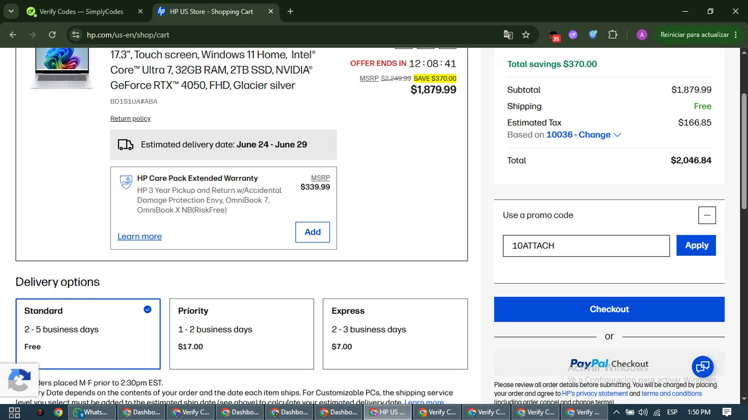 Verification screenshot for 10% Off Select Monitors at HP - 4d ago
